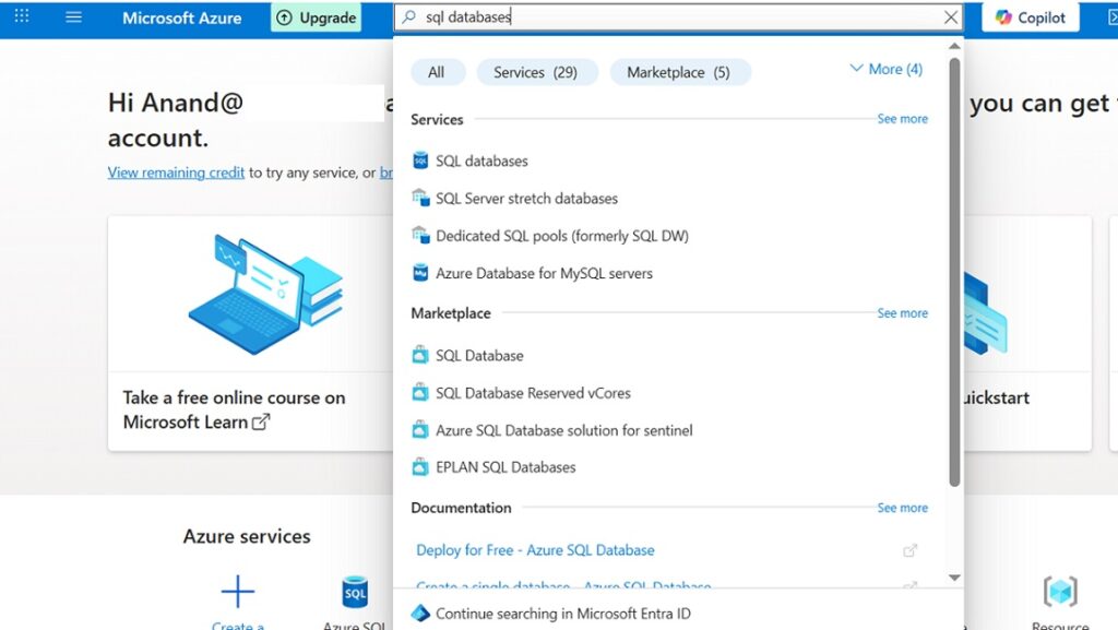 Search for SQL Database for Setup Azure SQL Database