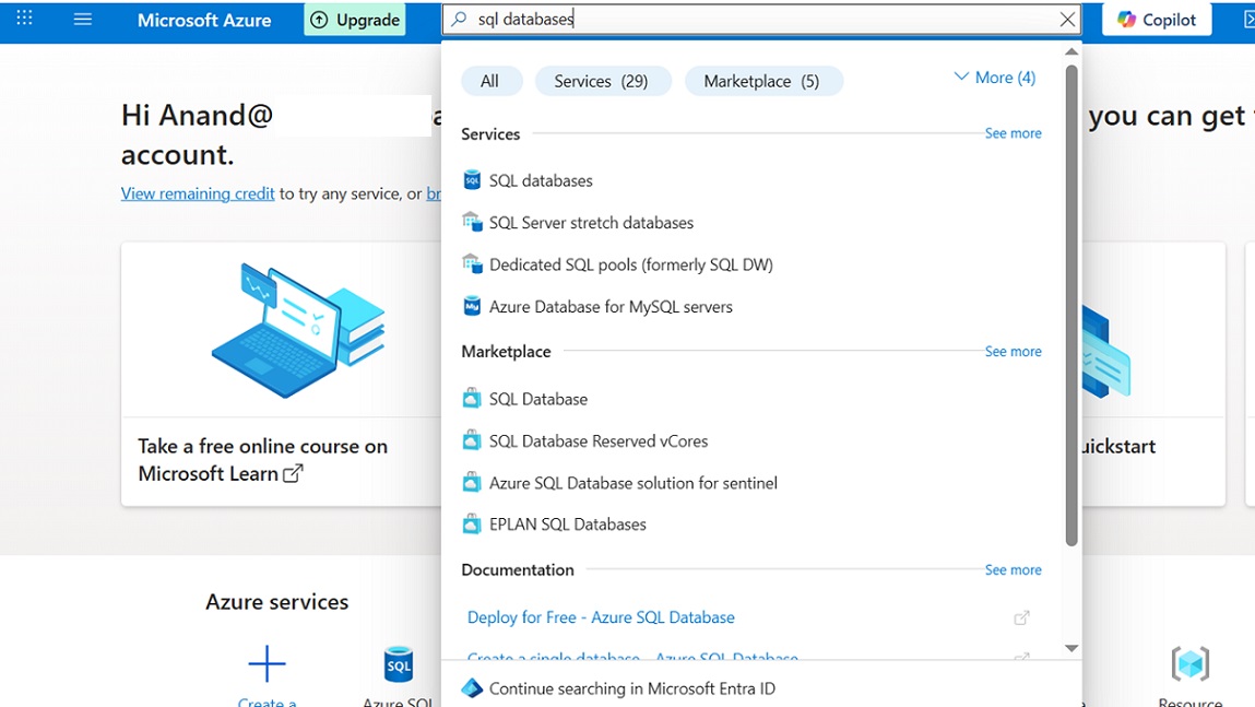 Search for SQL Database for Setup Azure SQL Database