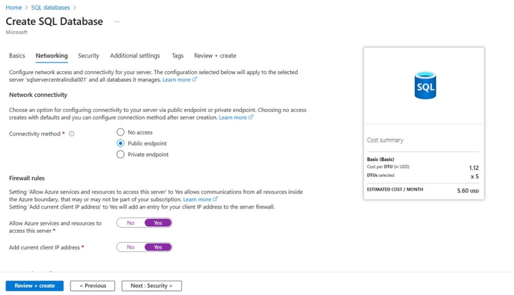 Network settings to Setup Azure SQL Database