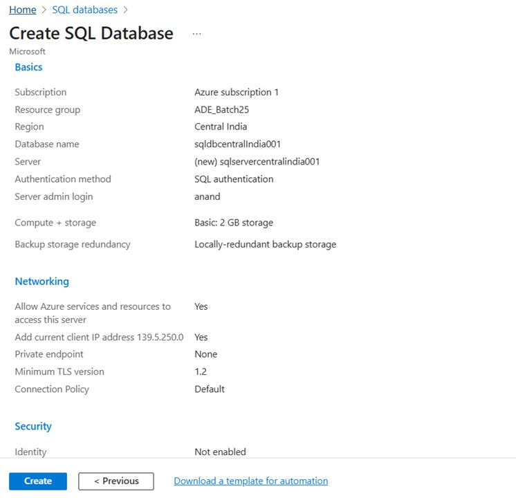 Review and create to Setup Azure SQL Database