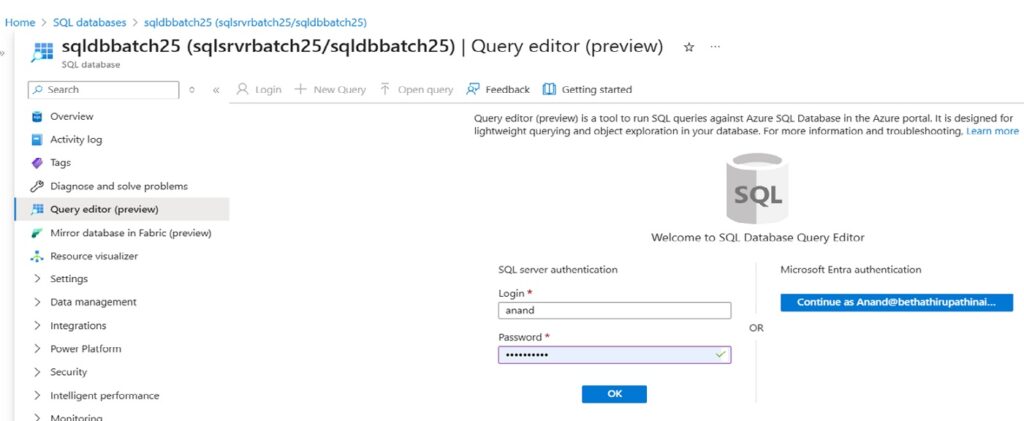 Connect Azure SQL Database - Open Query Editor