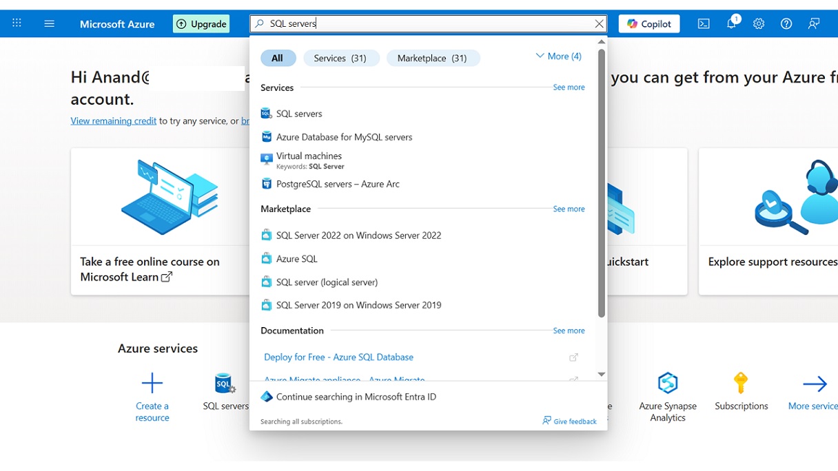 Setup Azure SQL Server - search for SQL server