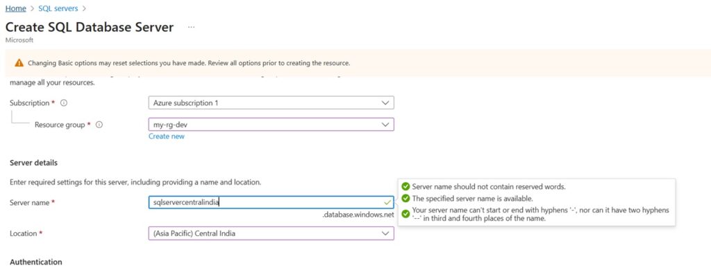 Fill basic details to setup Azure SQL Server