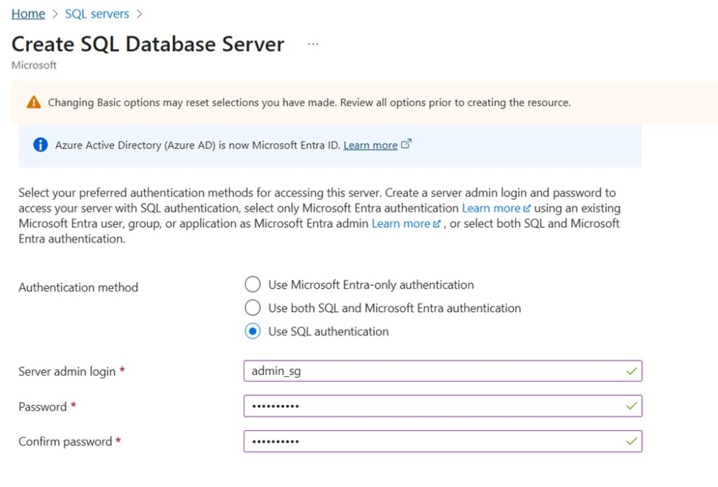 Choose SQL authentication to setup Azure SQL Server credentials