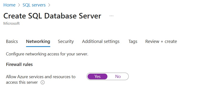 Configure network settings to setup Azure SQL Server securely