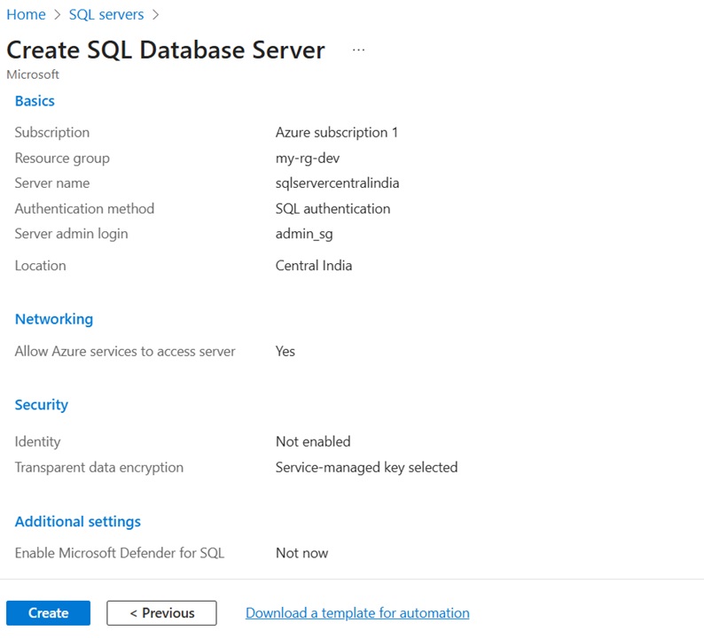 Review and confirm to setup Azure SQL Server
