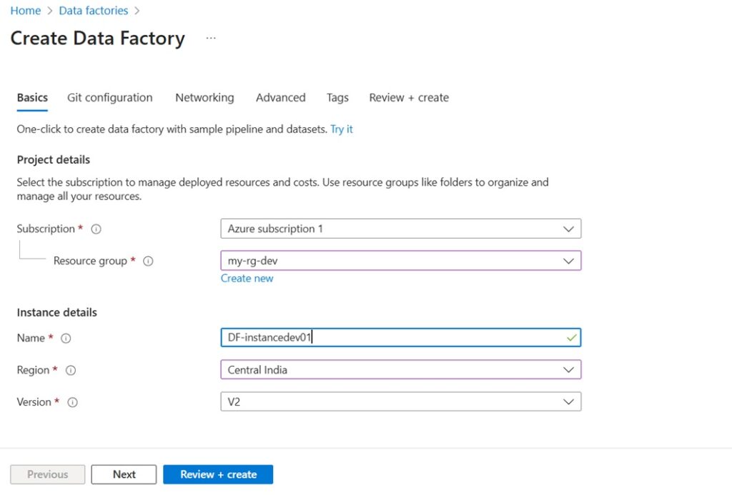 Create Azure Data Factory - Fill Basic Configuration