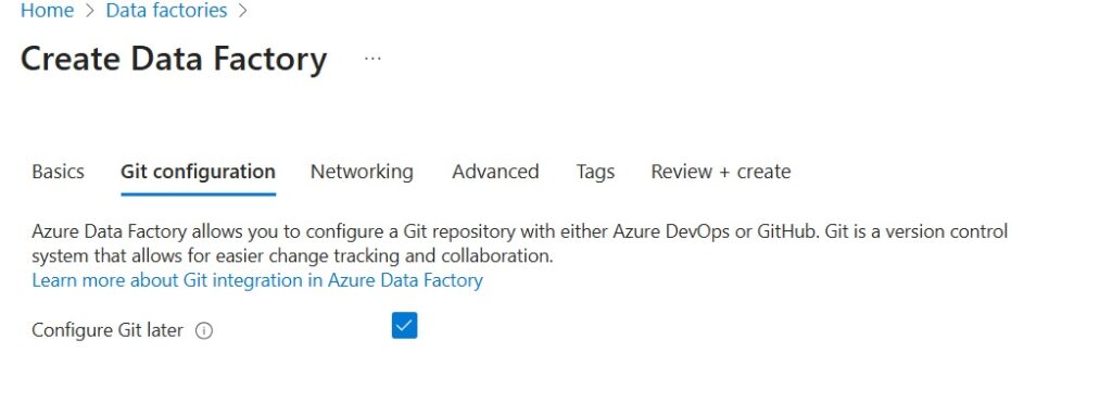 Create Azure Data Factory - Git Configuration