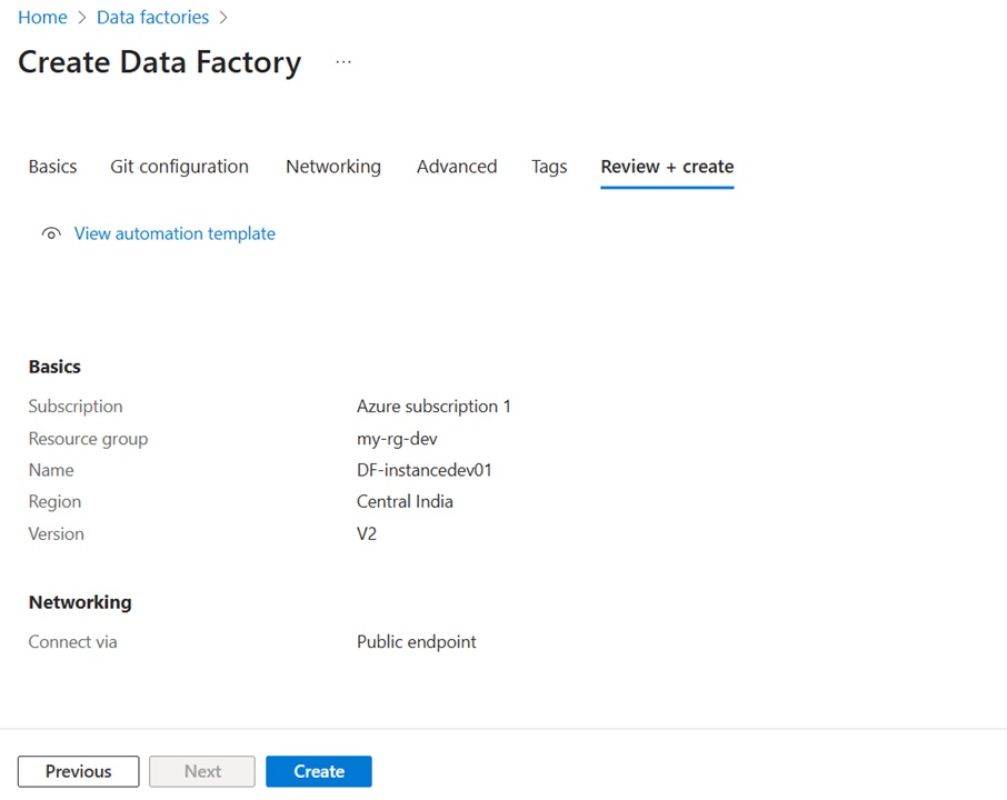 Create Azure Data Factory - Review and Submit