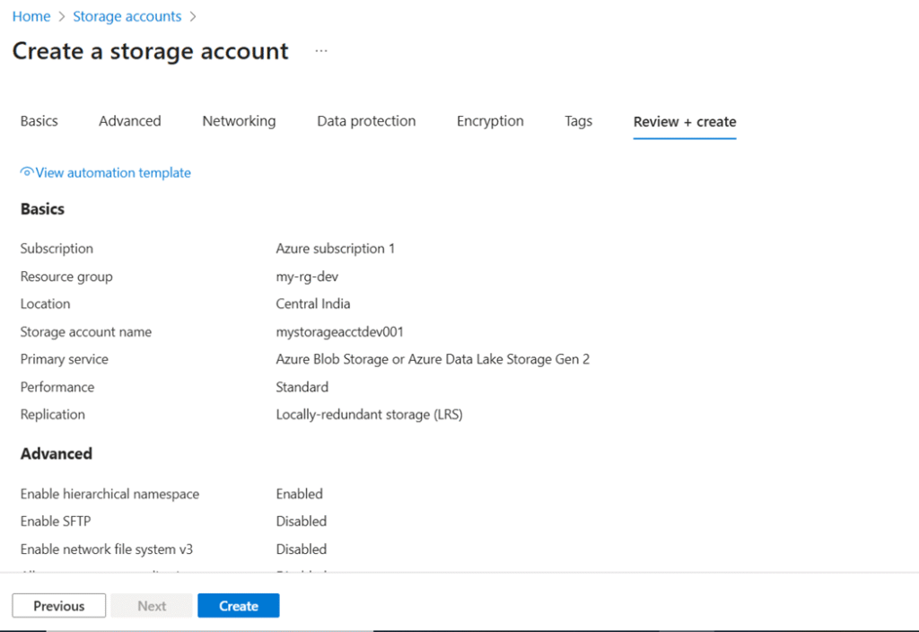 Final step to review and create Azure Storage Account in portal