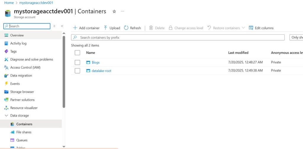 Open containers to start folder configuration in Data Lake