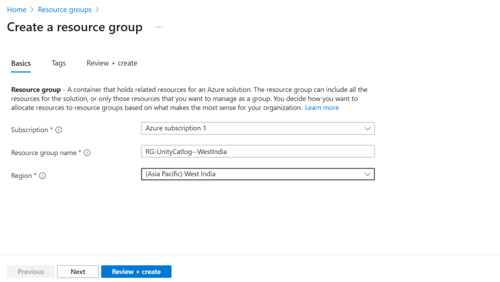 Unity Catalog Account Creation Process Create Resource Group