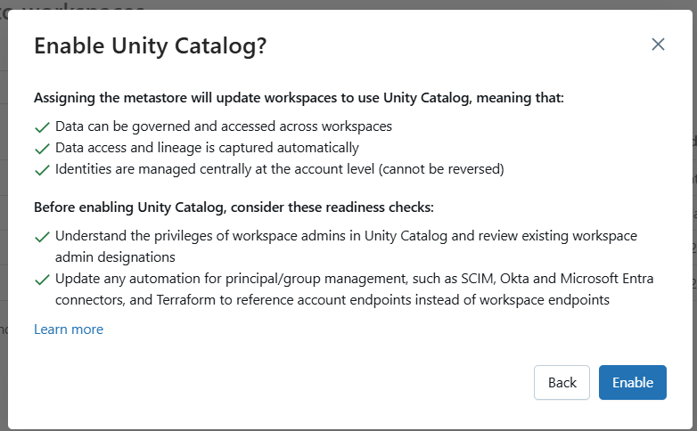 Unity Catalog Account Creation Process Enable Catalog