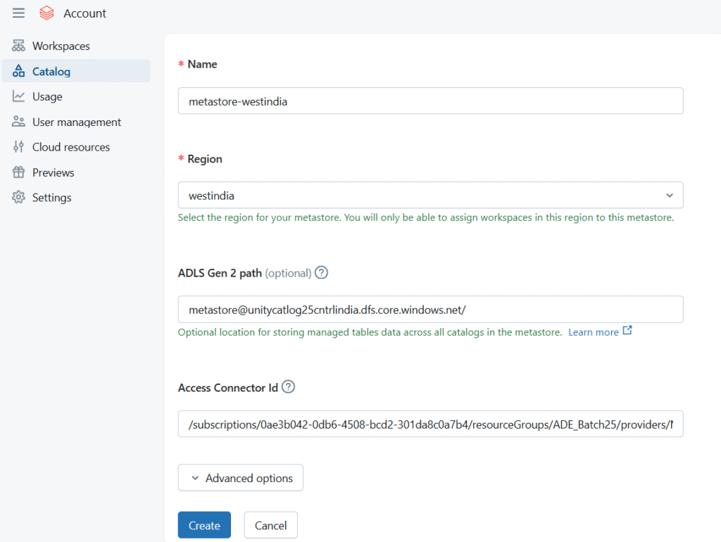 Unity Catalog Account Creation Process Create New Metastore