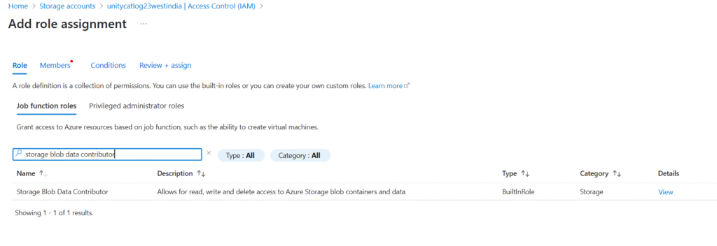 Unity Catalog Account Creation Process Create ADLS Gen2 storage blob role